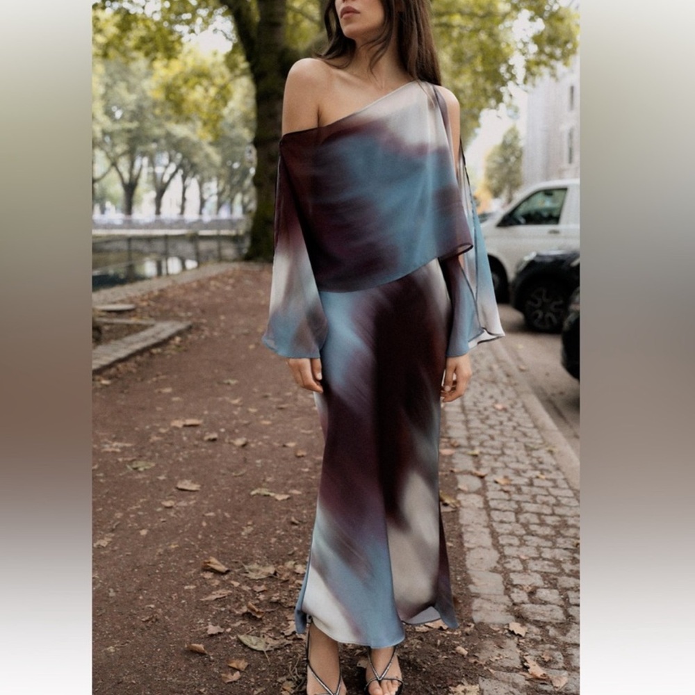 Zara Satin Effect Print Midi Dress With Asymmetrical Cape